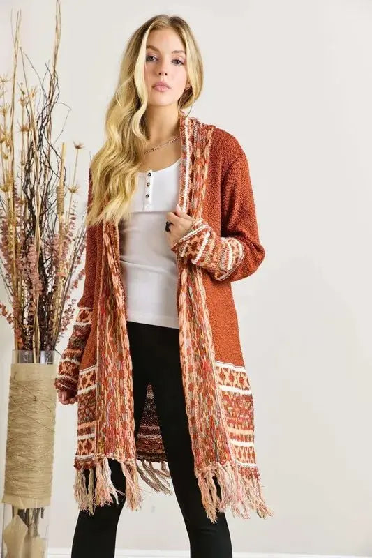 ADORA Full Size Fringe Hem Aztec Border Cardigan Plus Size - Love Salve